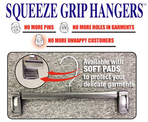 Squeeze gripper hangers have no pins and protect delicate garments